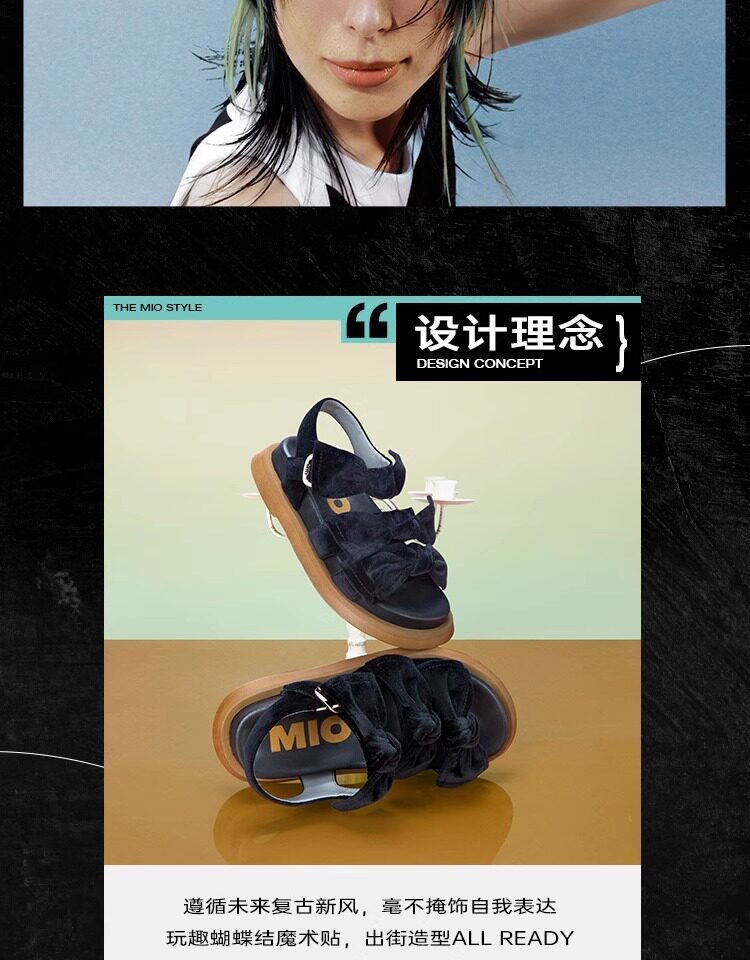 Сандалии mio米奥夏季纯色低跟厚底凉鞋复古丝绒蝴蝶结时尚休闲沙滩鞋女鞋