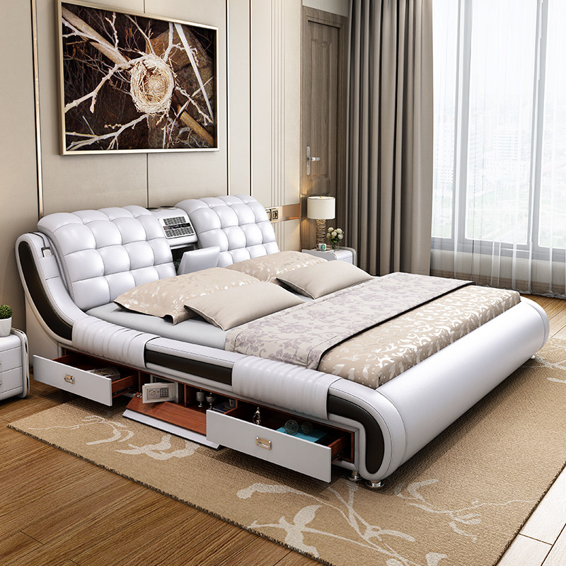 Smart Massage Real Leather Bed Bedroom Atmosphere Double Bed 1 8 m Wedding Bed High-end Modern Minimalist Master Bedroom multifunction