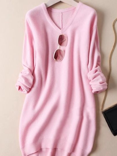 New Autumn and Winter V-Neck Pure Cashmere Sweater for Women, Mid-Length Loose Pullover Sweater, Versatile Knitted Base Skirt That Covers the Hips