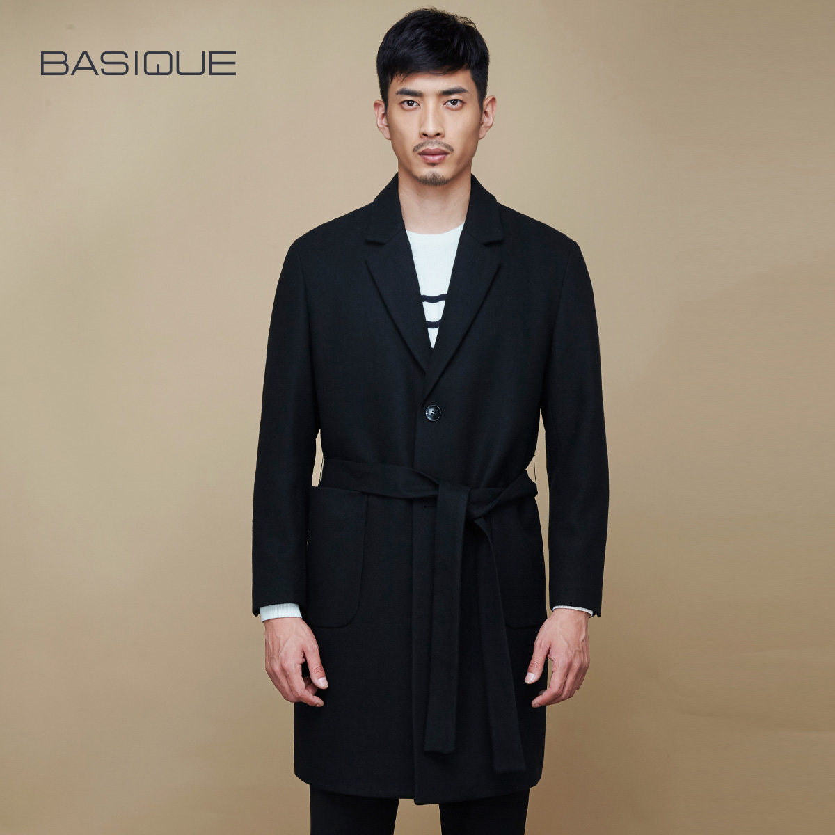 Yuanben detachable belt woolen coat men's autumn and winter loose business wool mid-length woolen coat