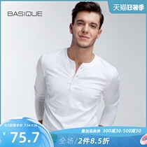 Yuanben Xinjiang Cotton slim Henry collar long-sleeved T-shirt mens solid color base shirt Pure white tide round neck top