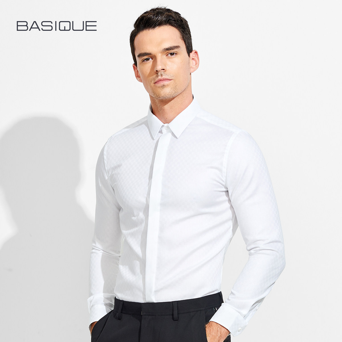 Yuan Ben autumn new dark striped long sleeve white shirt male slim business shirt dress career