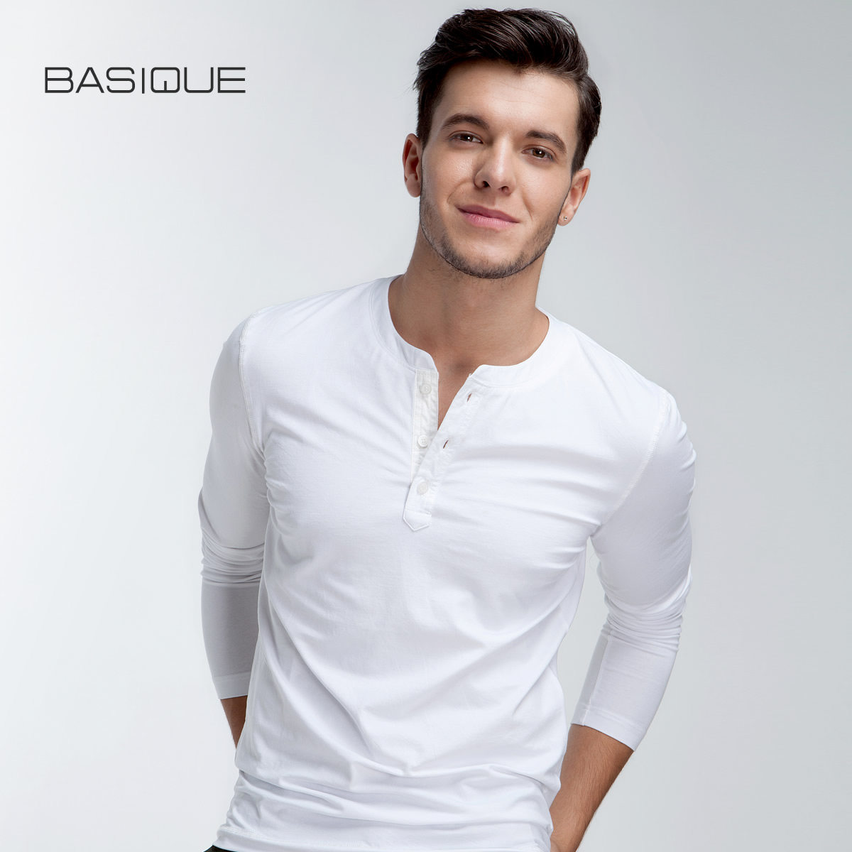 Meta ben Thumen Henry collar Long sleeves T-shirt men's pure colour Neylap men's autumn clothes pure white tide round collar blouses