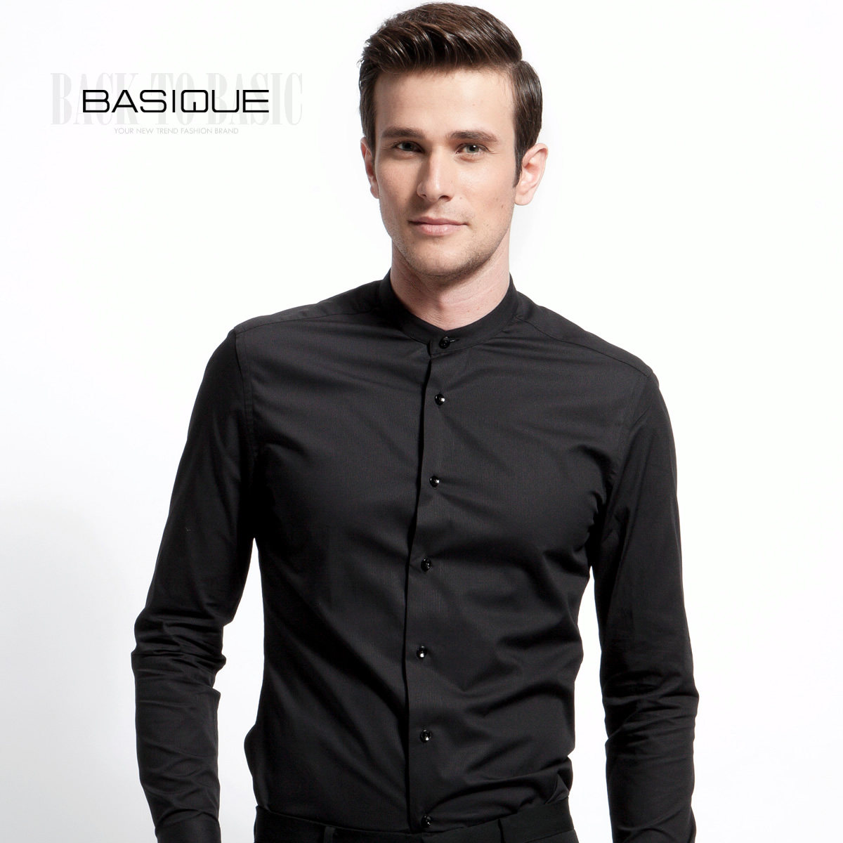 Yuan Ben slim small stand collar men's long-sleeved shirt summer black and white pure cotton business casual Chinese jacquard shirt