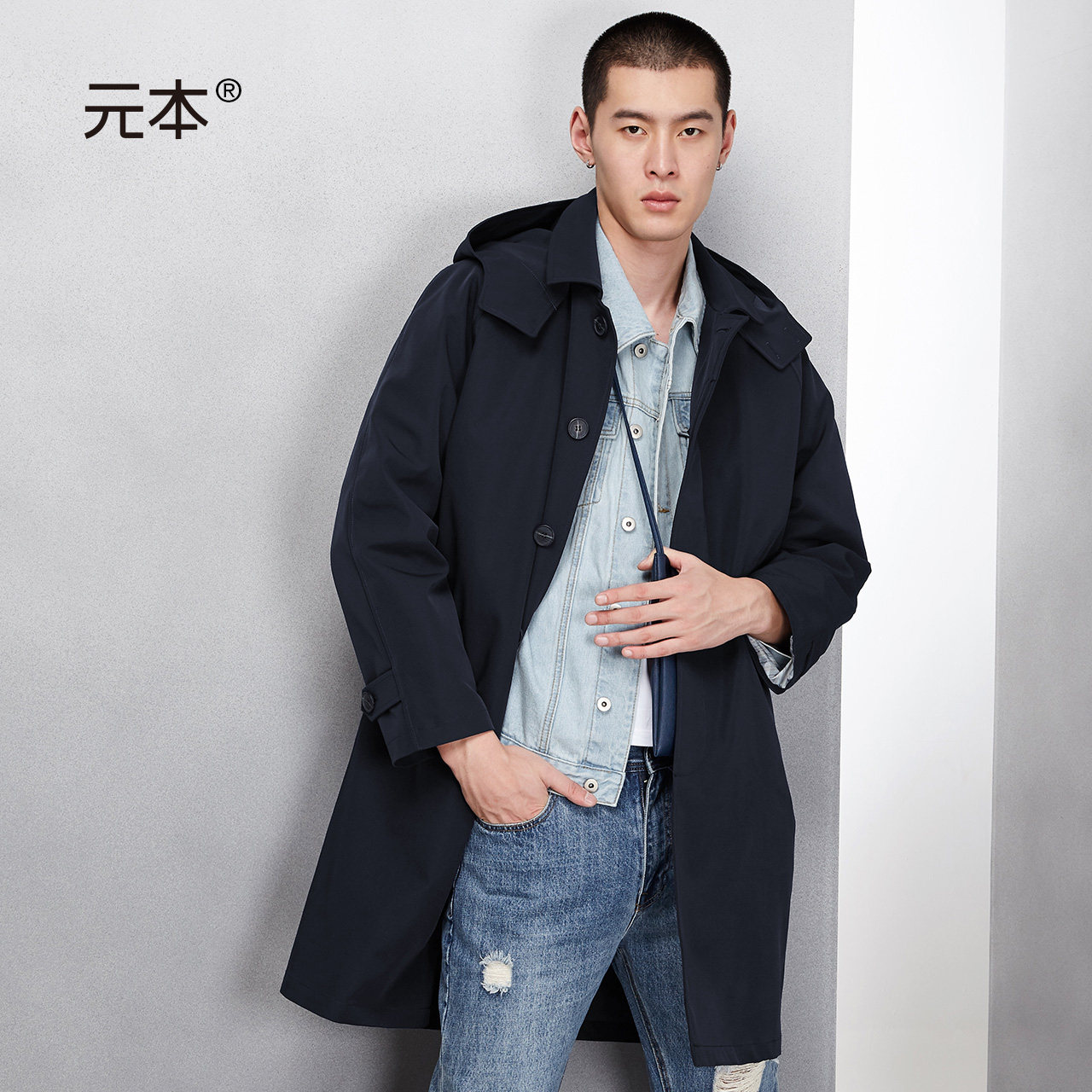 Yuanben detachable hat mid-length windbreaker men's loose British style handsome top spring business casual jacket