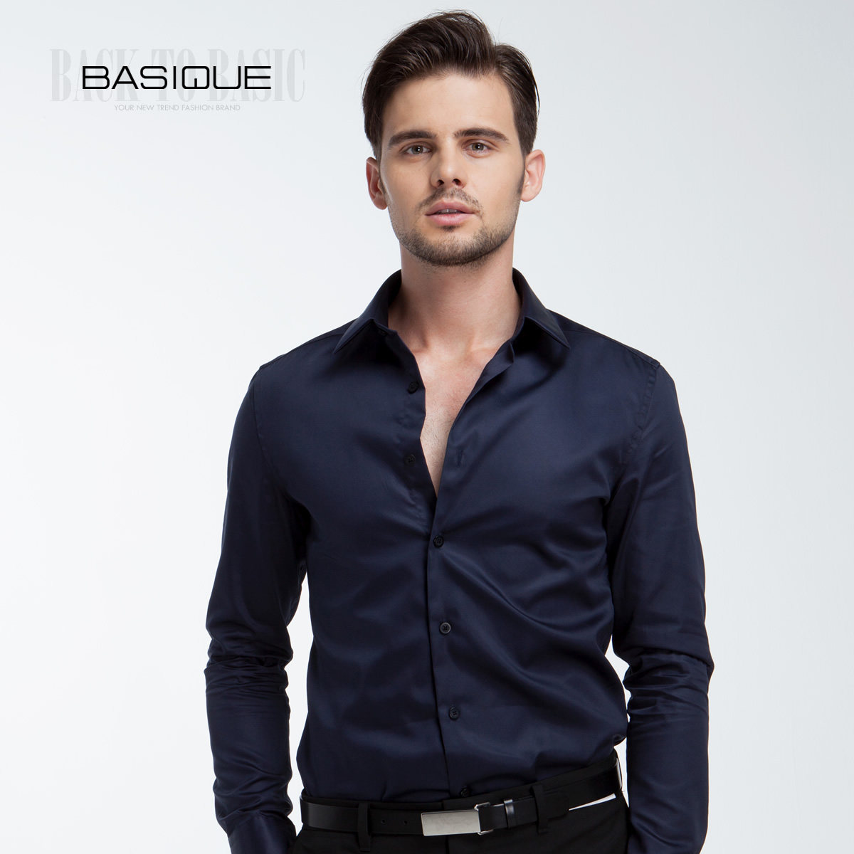 Yuanben men's satin high texture long-sleeved shirt Men's business formal shirt Slim cotton trend professional black