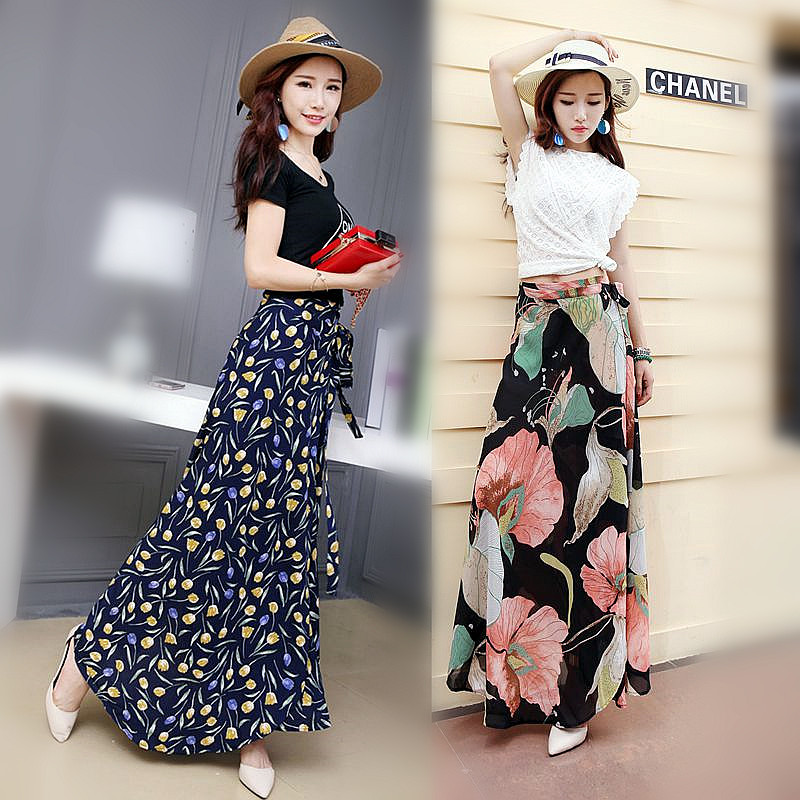 Vacation Sun Protection Chiffon One-Piece Skirt Floral Long Skirt Beach Skirt Women's Summer Mid-Length Lace-Up One-Piece Skirt