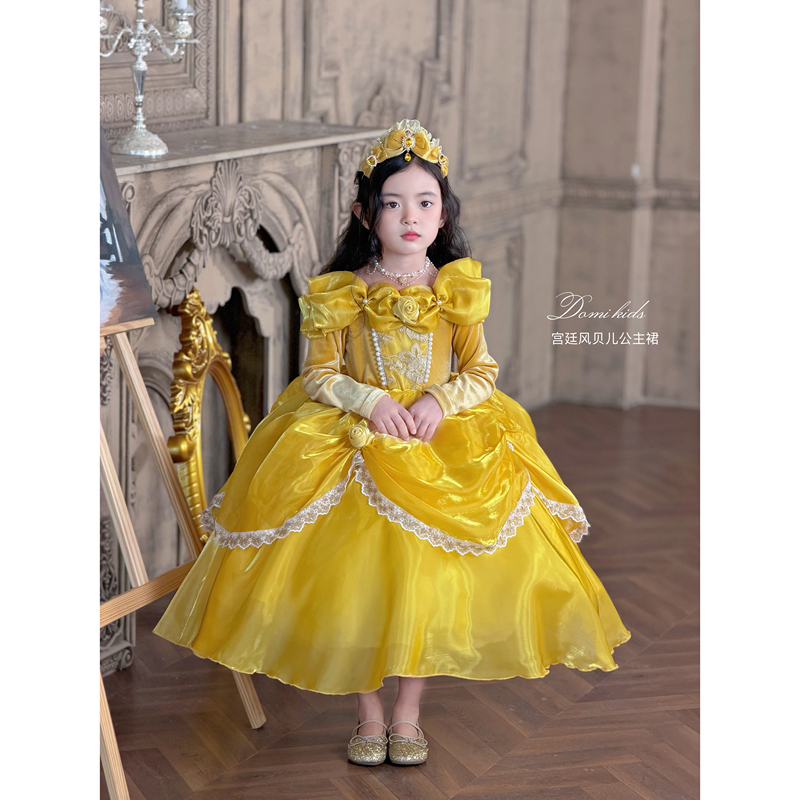 Domi Retro High-End Belle Princess Dress for Girls, Autumn and Winter Palace Style Velvet Long-Sleeved Puffy Dress, Small Dress