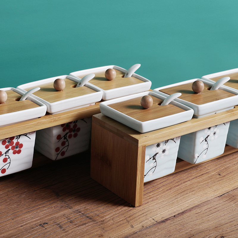 New Chinese Salt Sugar Seasoning Jar Sauce Box Suit Home Ceramic Oil Bottle Pot Salt Jars Kitchen Supplies Freshening Suit