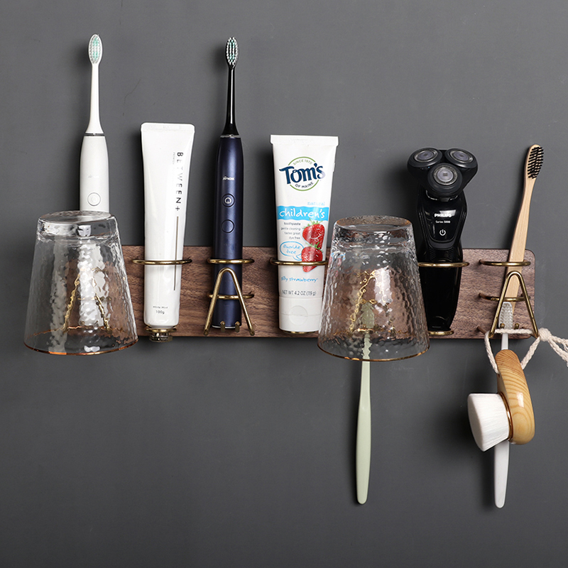 Solid wood electric toothbrush cup holder wall-mounted tooth cup rack mouthwatering cup shelve hair dryer bracket free of punching walnuts wood
