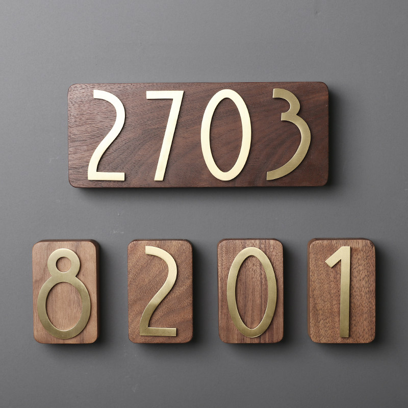 Walnut Wood Pure Copper Door Card Creative Nordic Brass Home accommodation Villa Custom digital letter Self-adhesive number plate