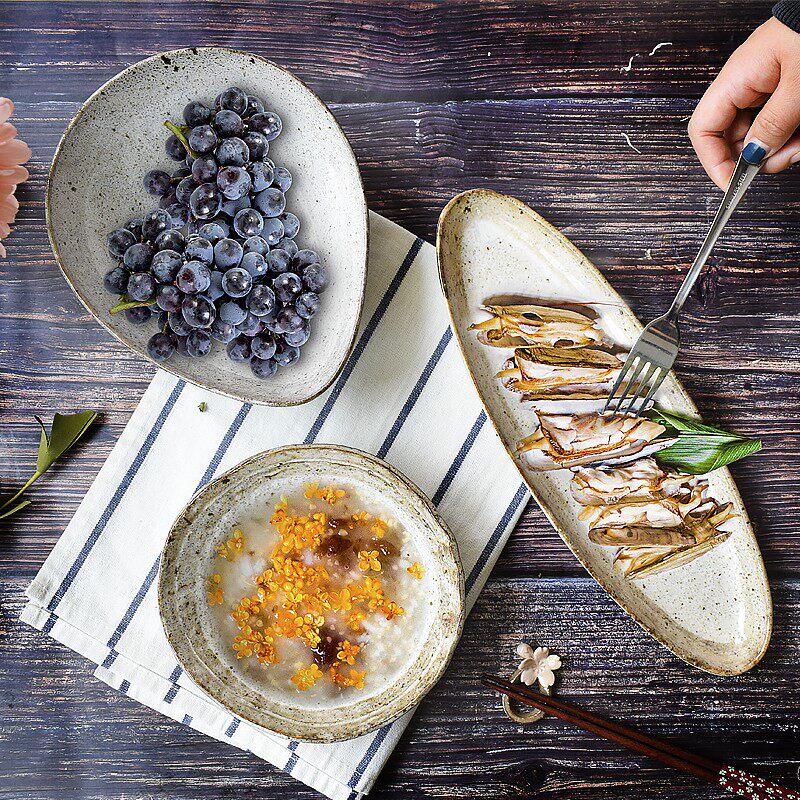 Spot Japanese original powder lead coarse pottery curry rice bowls Noodles Bowl Fish Dish Sushi Pan Make Old Irregular Saucer Long Disk