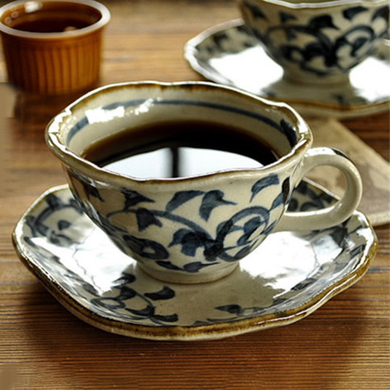 Japan imported original handmade simple arabesque rough pottery coffee cup mug with saucer set afternoon tea cup