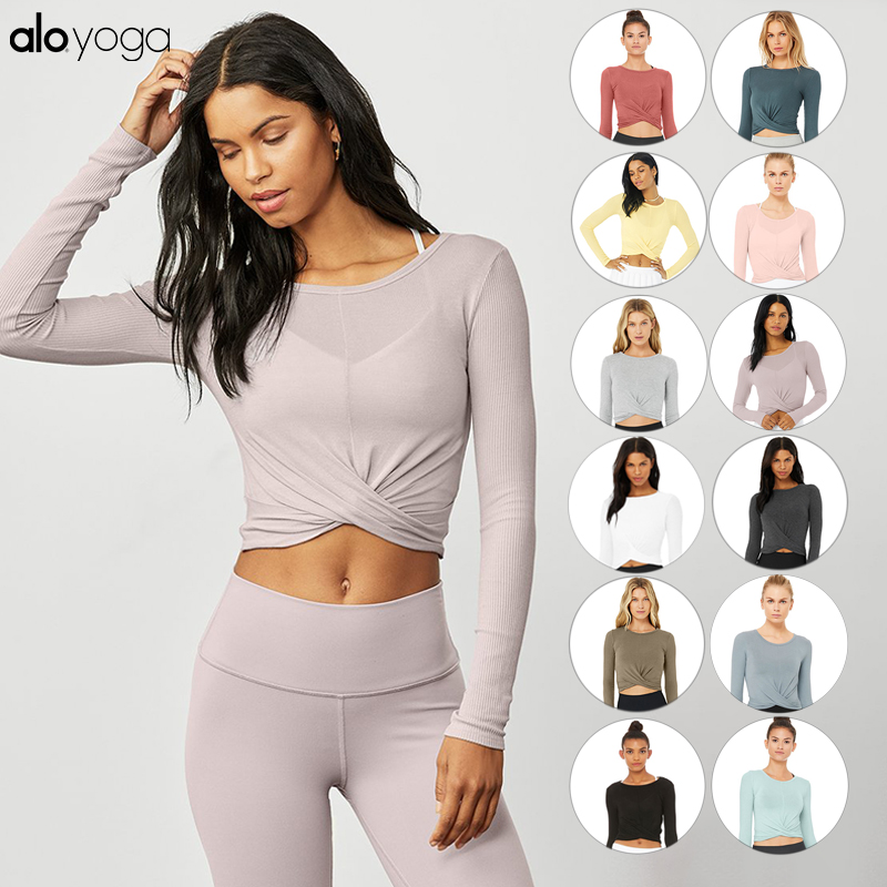 Alo Yoga official web exposed navel cross CoverLong sleeves yoga sports T-shirt high waist hooded blouse