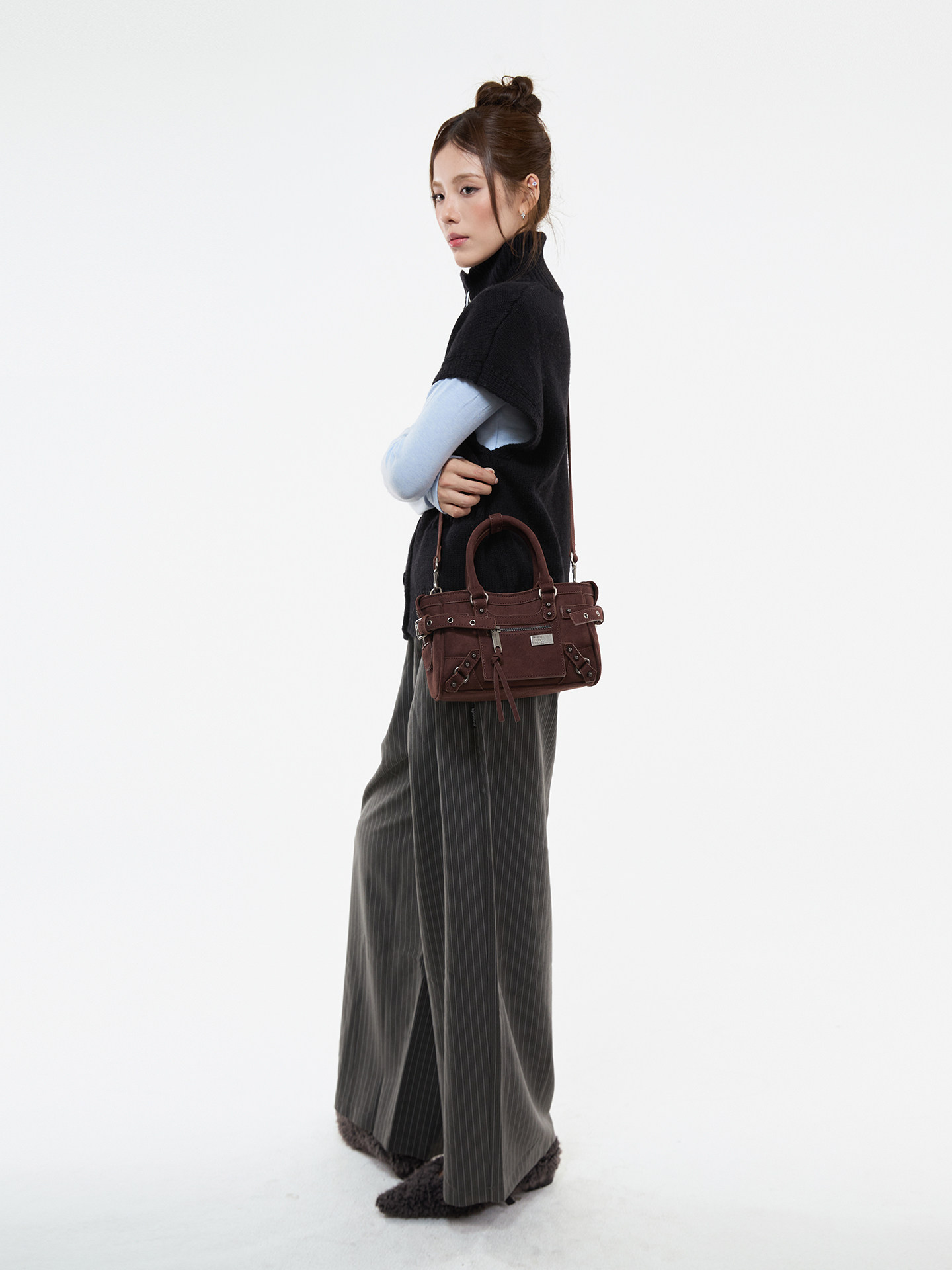 JANDRESS Brown PU Leather Studded Crossbody Bag