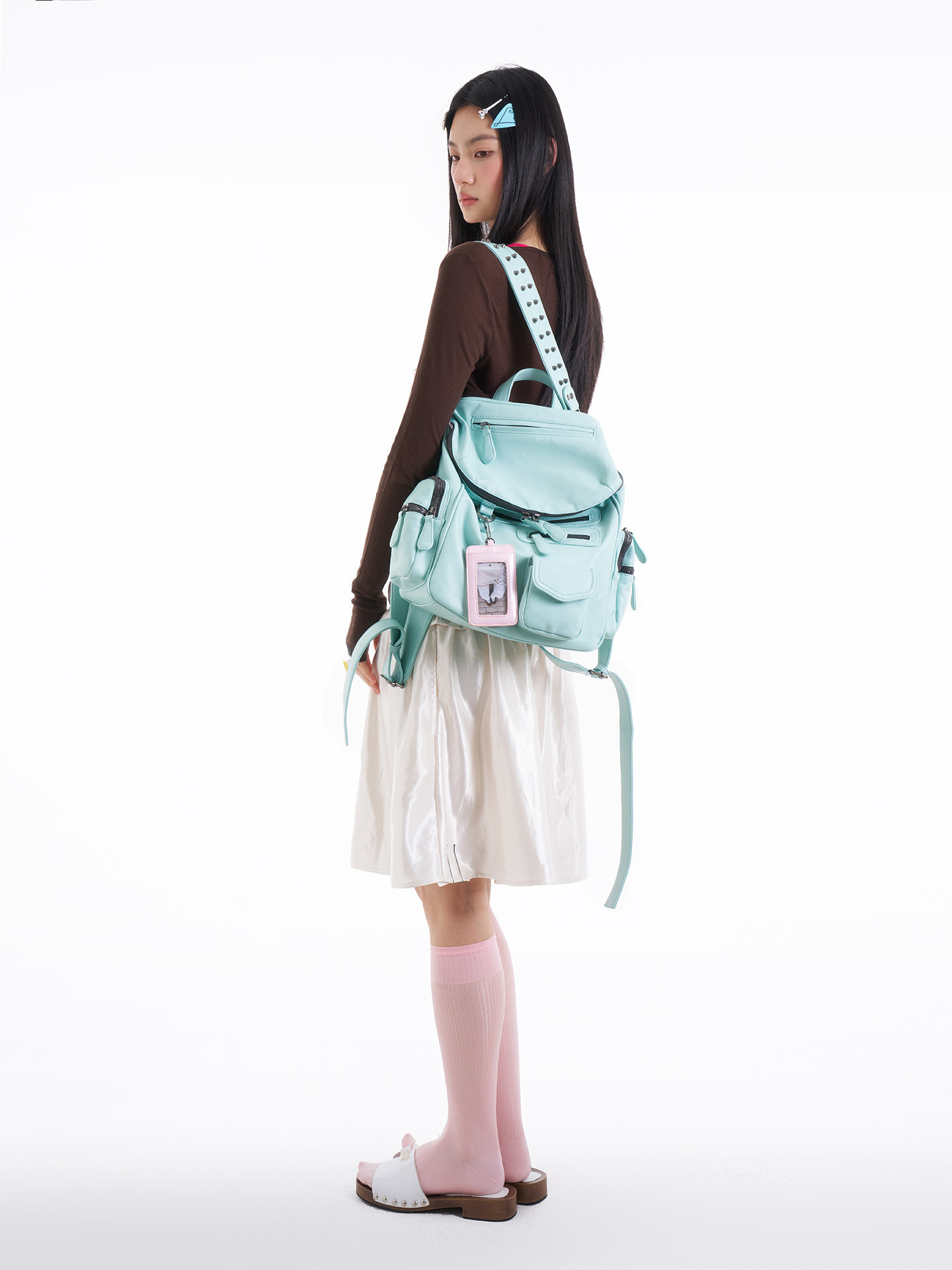 JANDRESS Mint Green Faux Leather Zip Backpack