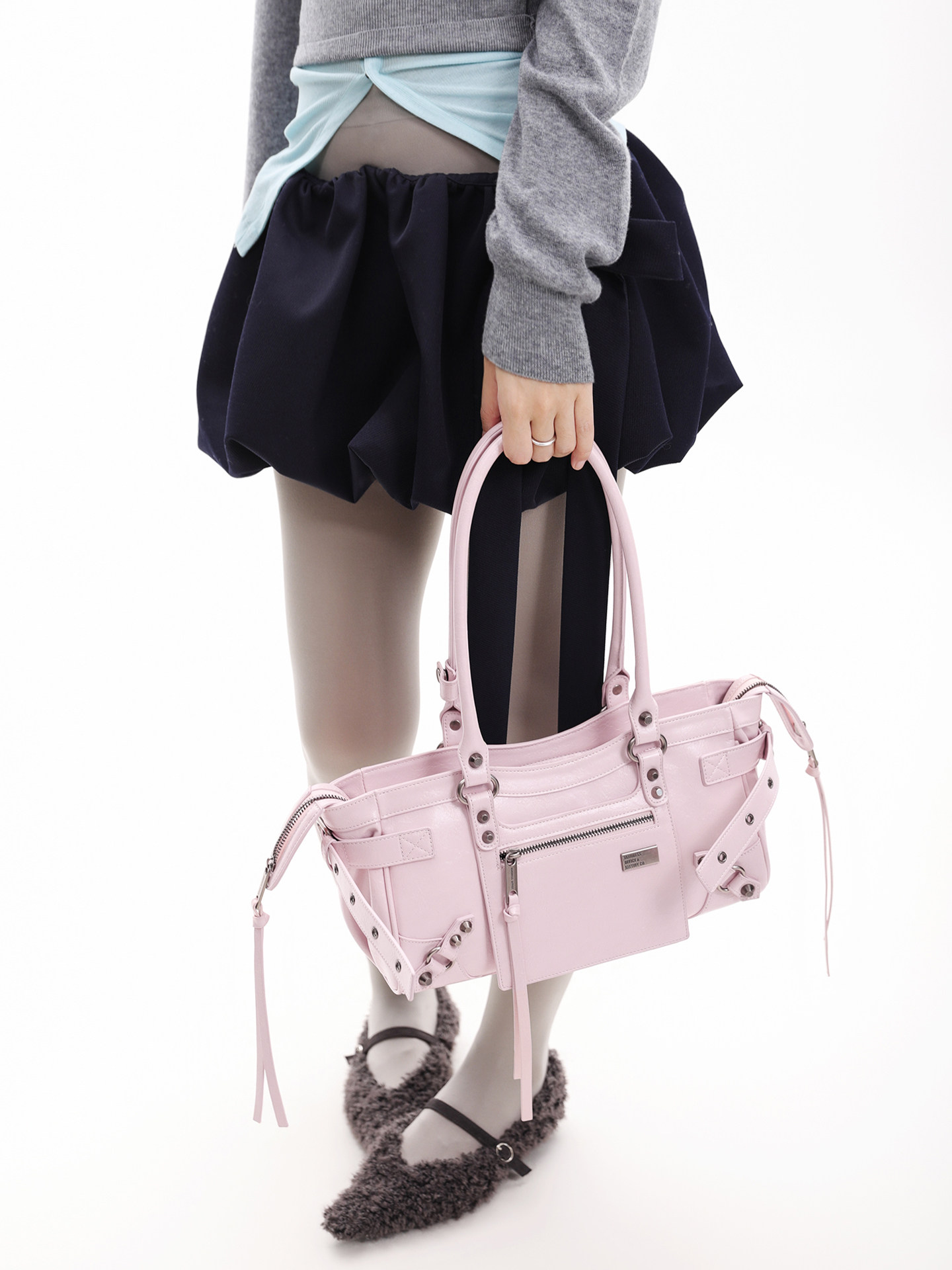 JANDRESS Pink Studded Biker Shoulder Bag