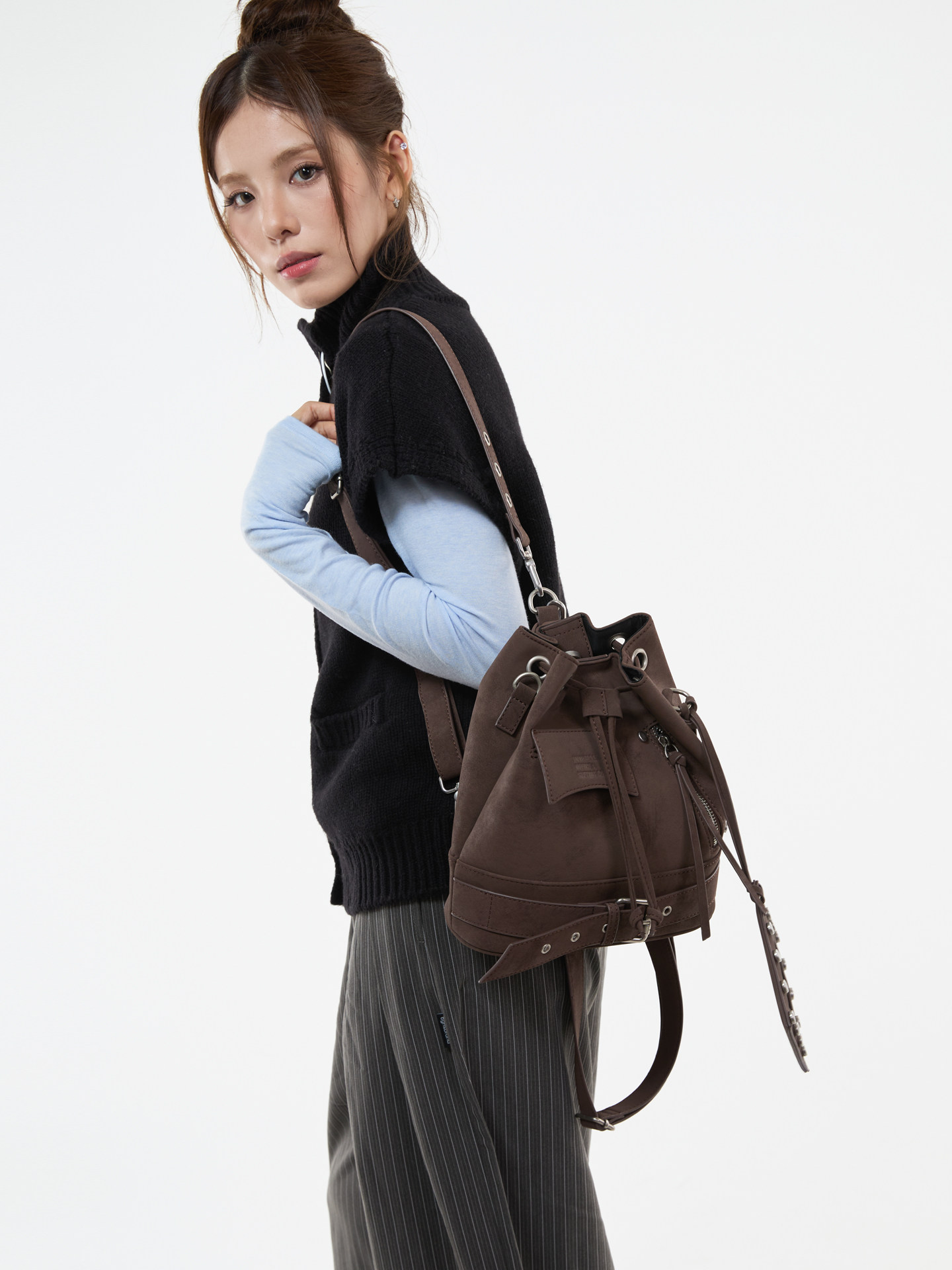 JANDRESS Brown PU Drawstring Bucket Bag