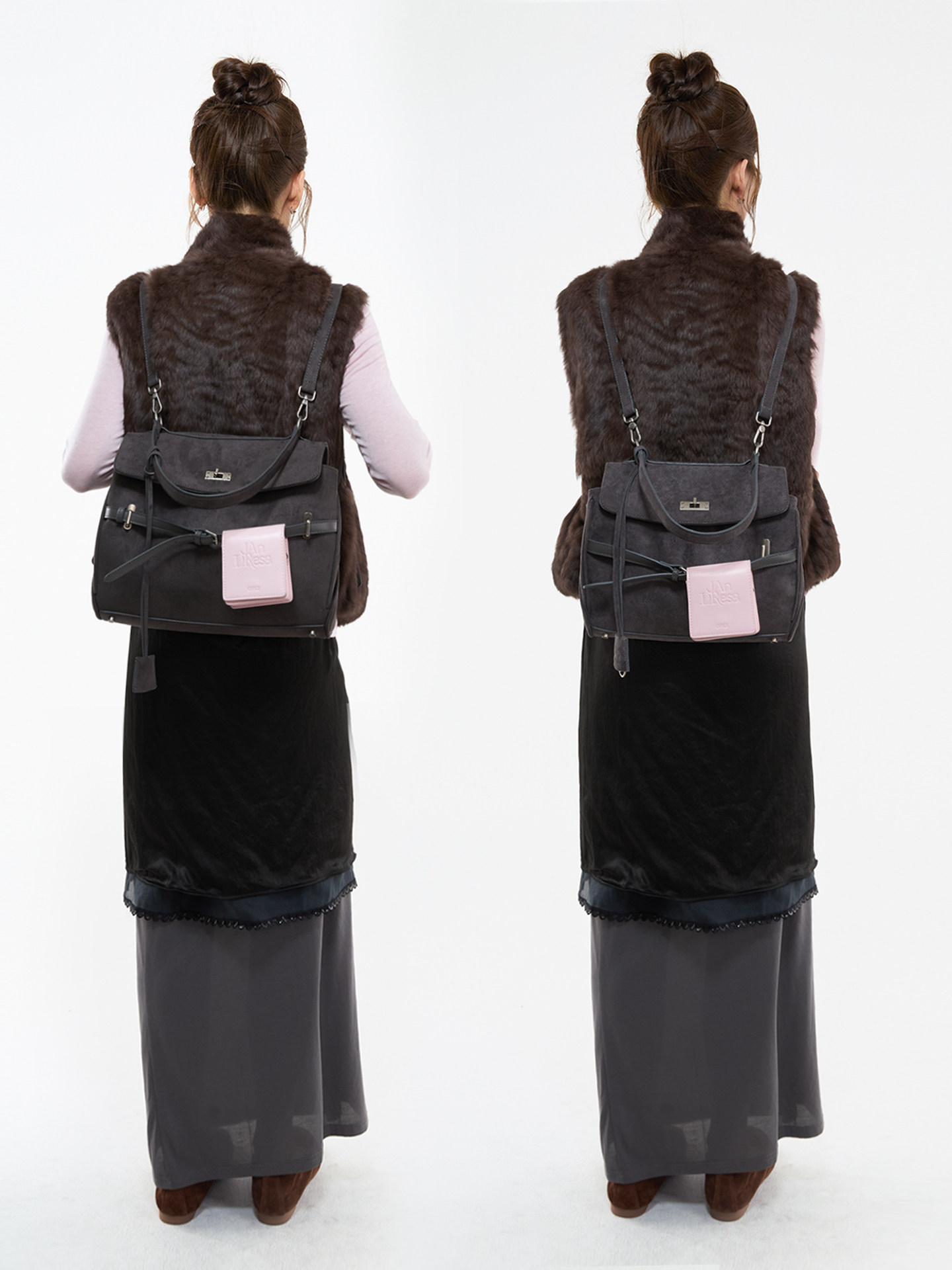 JANDRESS Blue-Grey Suede Clasp Backpack