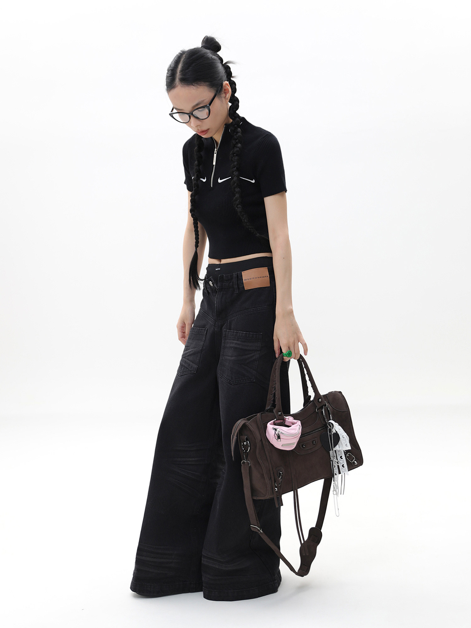 JANDRESS Suede Brown Studded Motorcycle Shoulder Bag