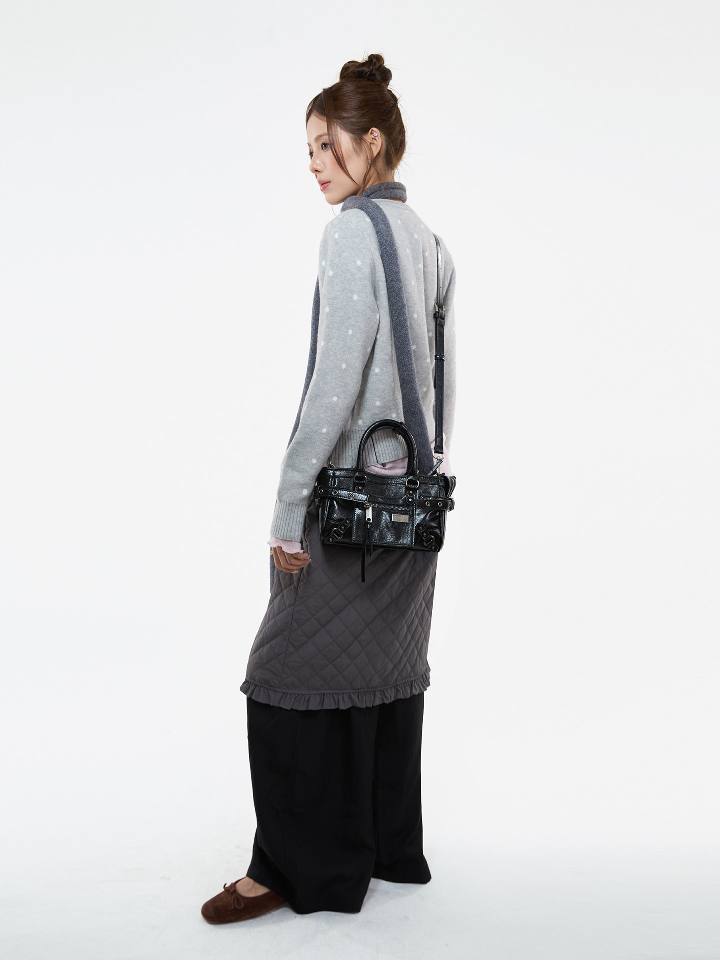 JANDRESS Black PU Leather Zip-Top Studded Mini Crossbody Bag