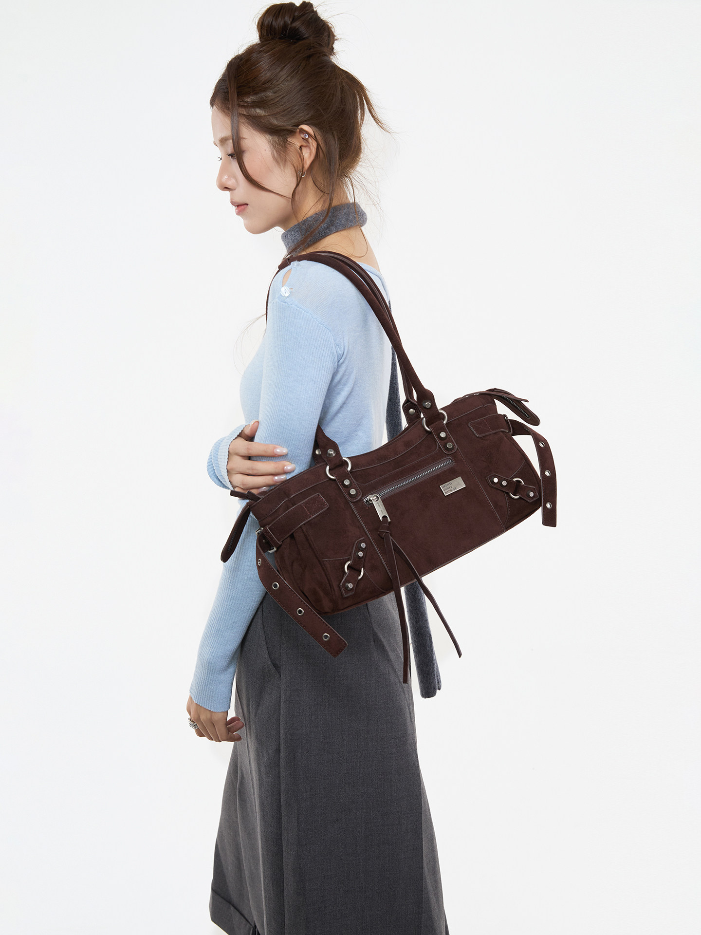 JANDRESS Suede Brown Studded Moto Underarm Bag