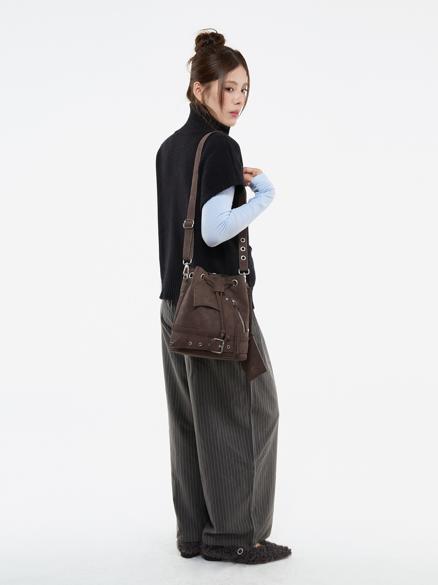 JANDRESS Brown PU Drawstring Bucket Bag