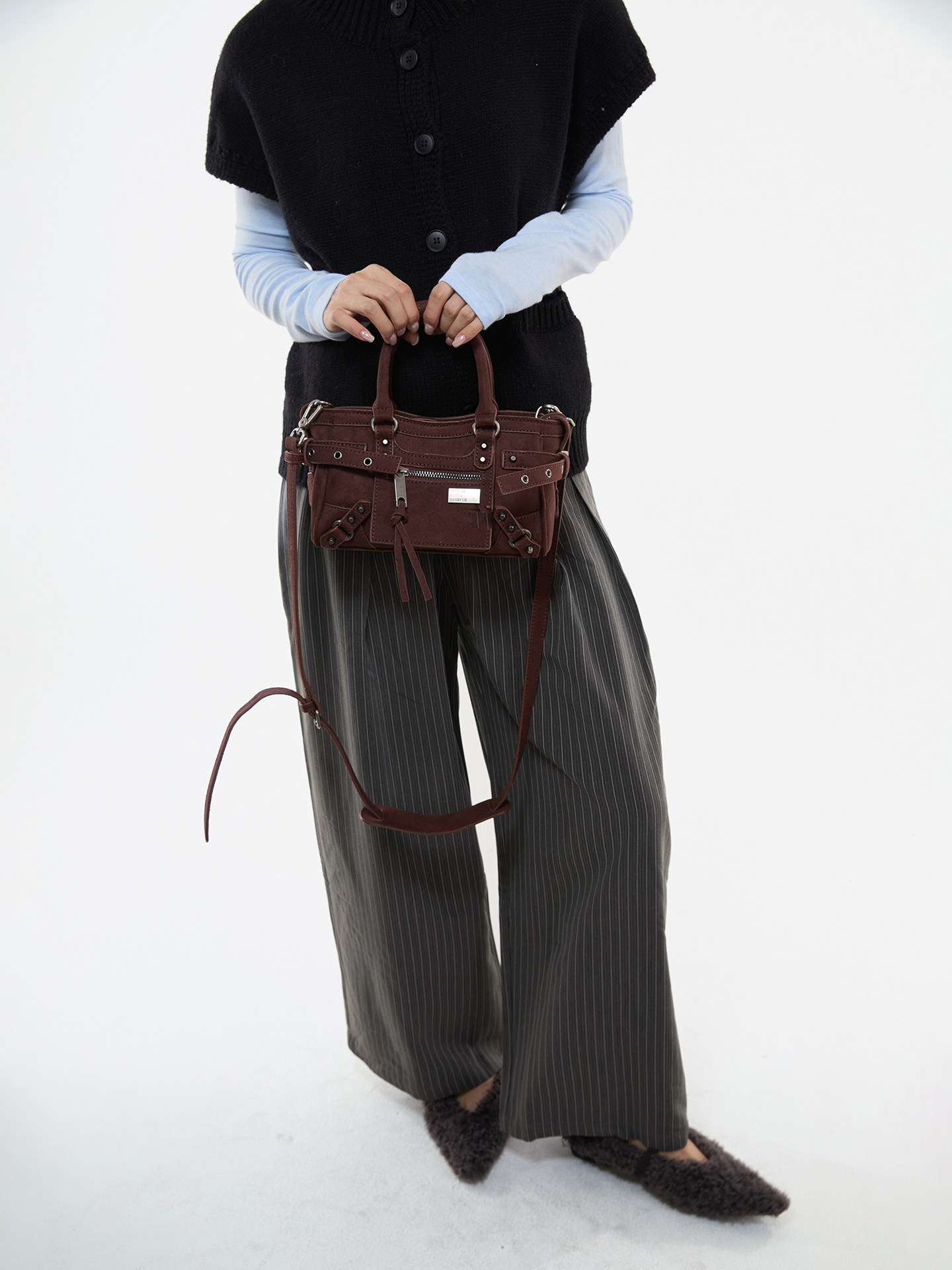 JANDRESS Brown PU Leather Studded Crossbody Bag