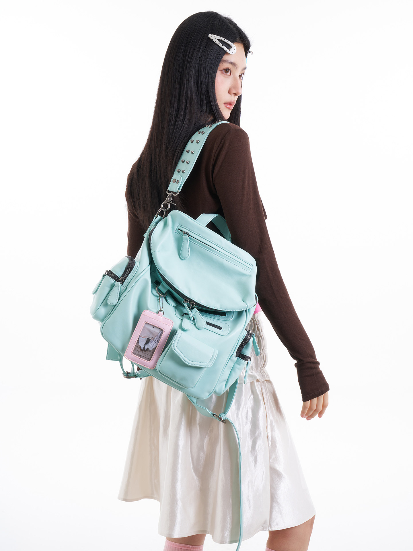 JANDRESS Mint Green Faux Leather Zip Backpack