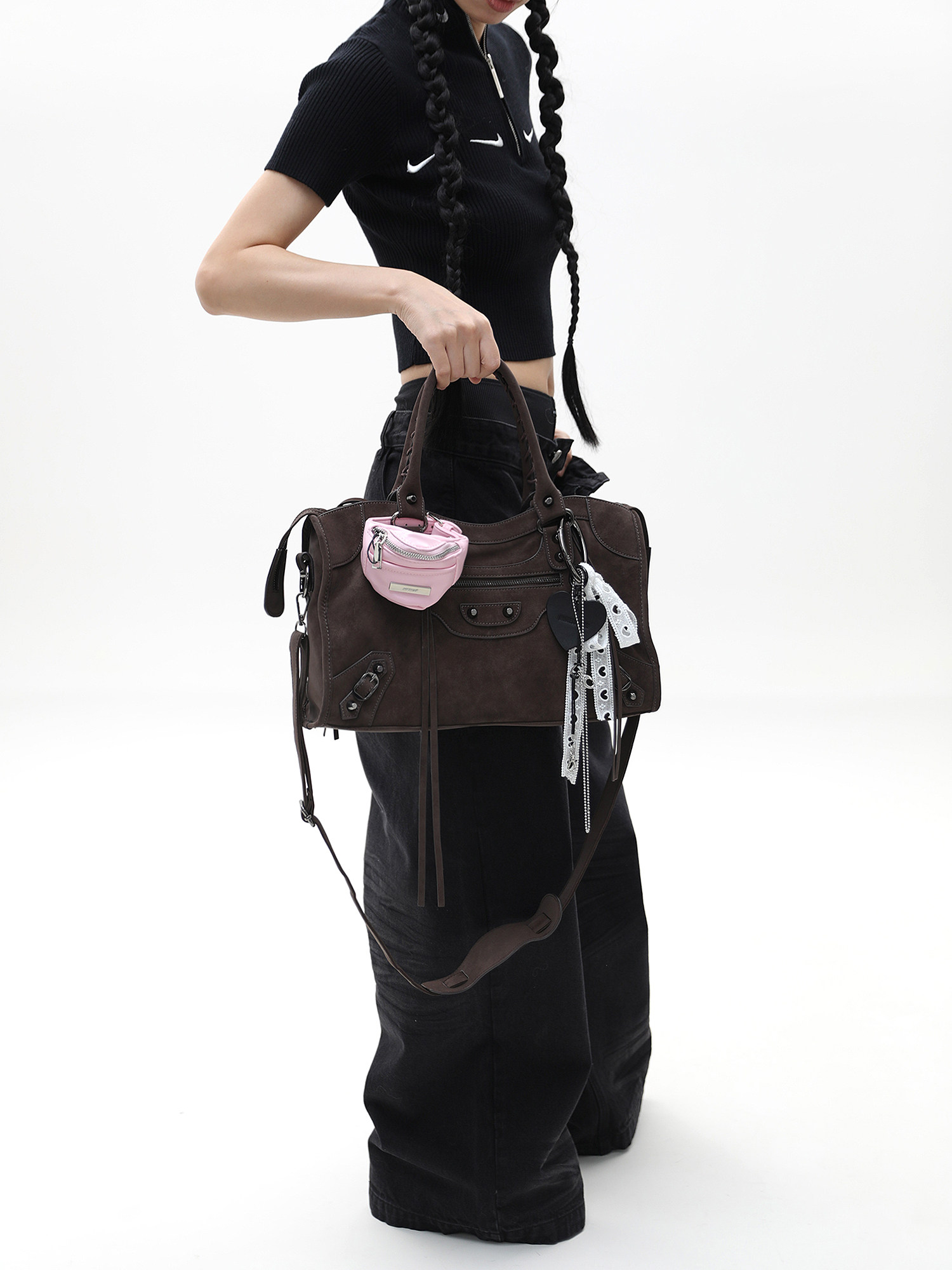 JANDRESS Suede Brown Studded Motorcycle Shoulder Bag