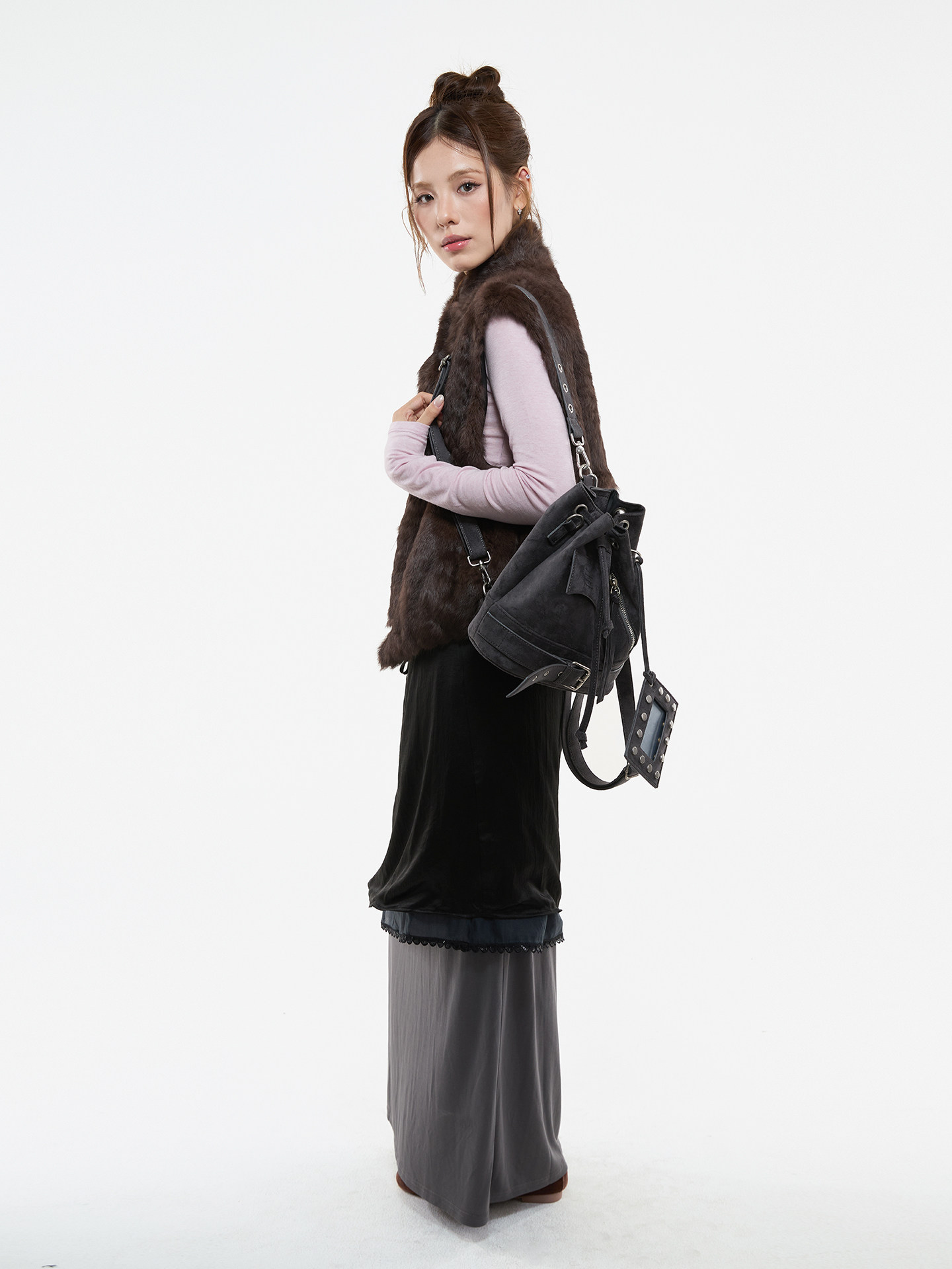 JANDRESS Blue-Grey PU Leather Drawstring Bucket Bag