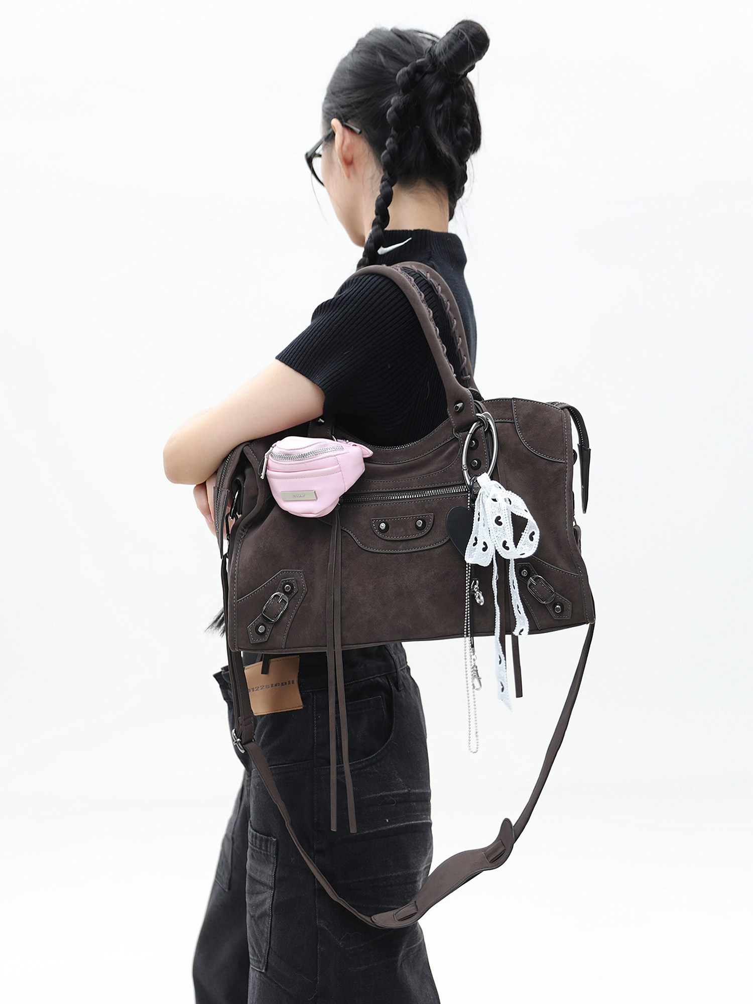 JANDRESS Suede Brown Studded Motorcycle Shoulder Bag