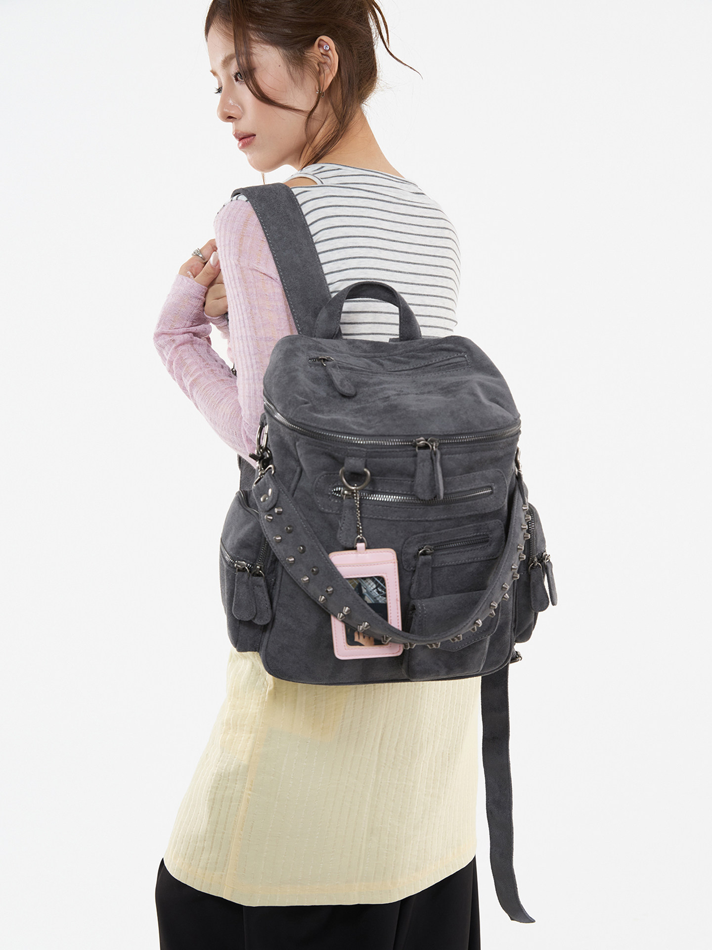 JANDRESS Blue-Grey Studded Multi-Pocket Backpack