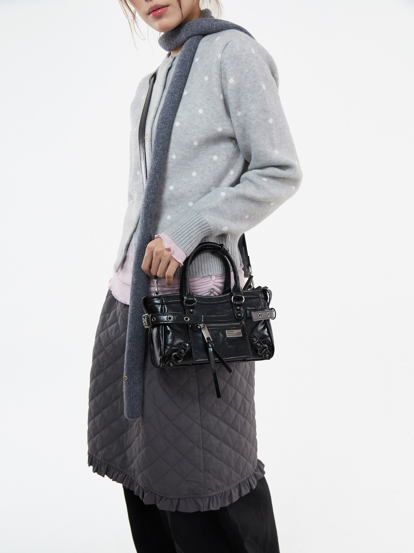 JANDRESS Black PU Leather Zip-Top Studded Mini Crossbody Bag
