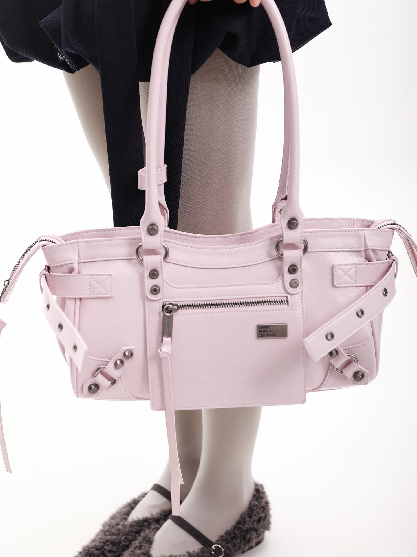 JANDRESS Pink Studded Biker Shoulder Bag