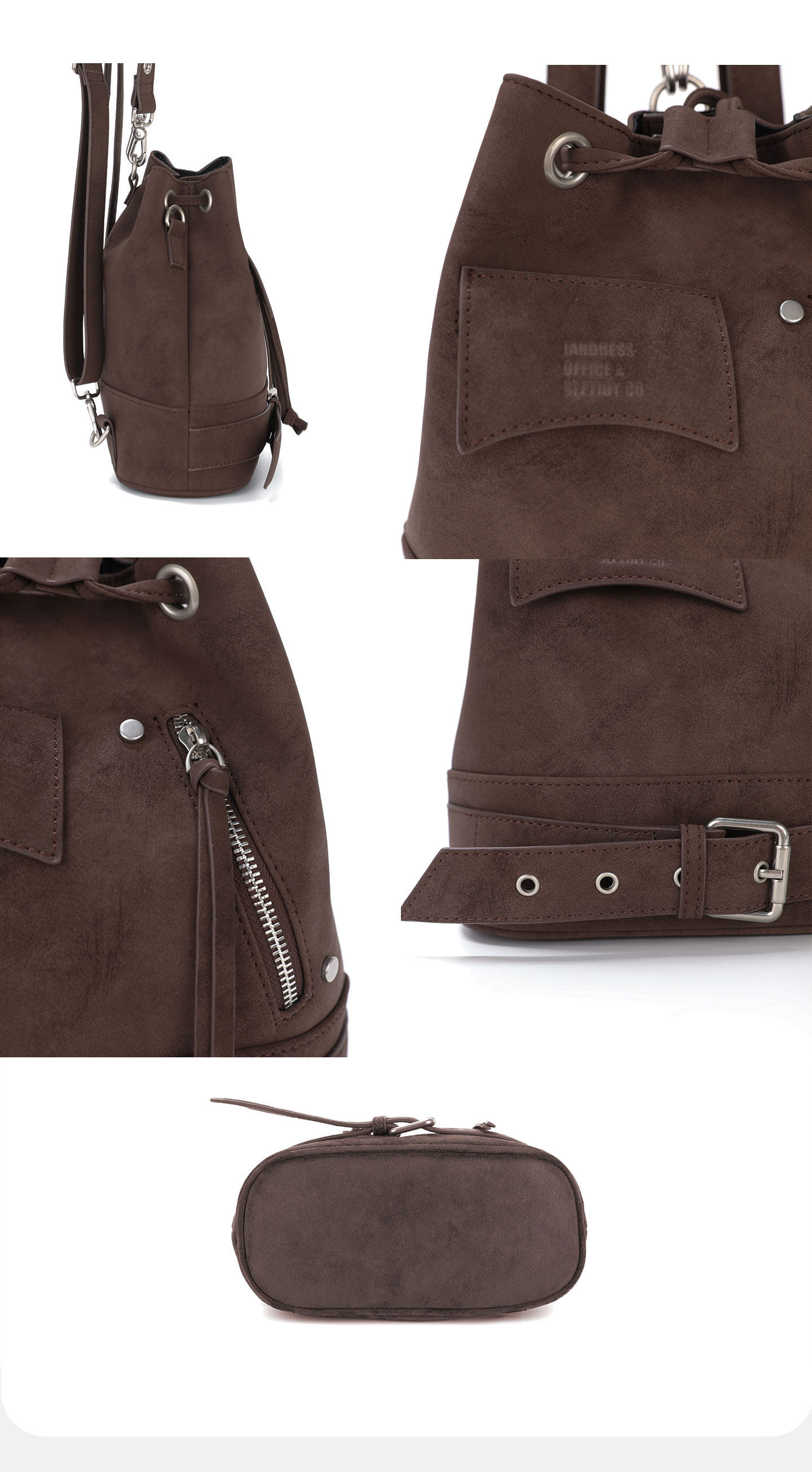 JANDRESS Brown PU Drawstring Bucket Bag