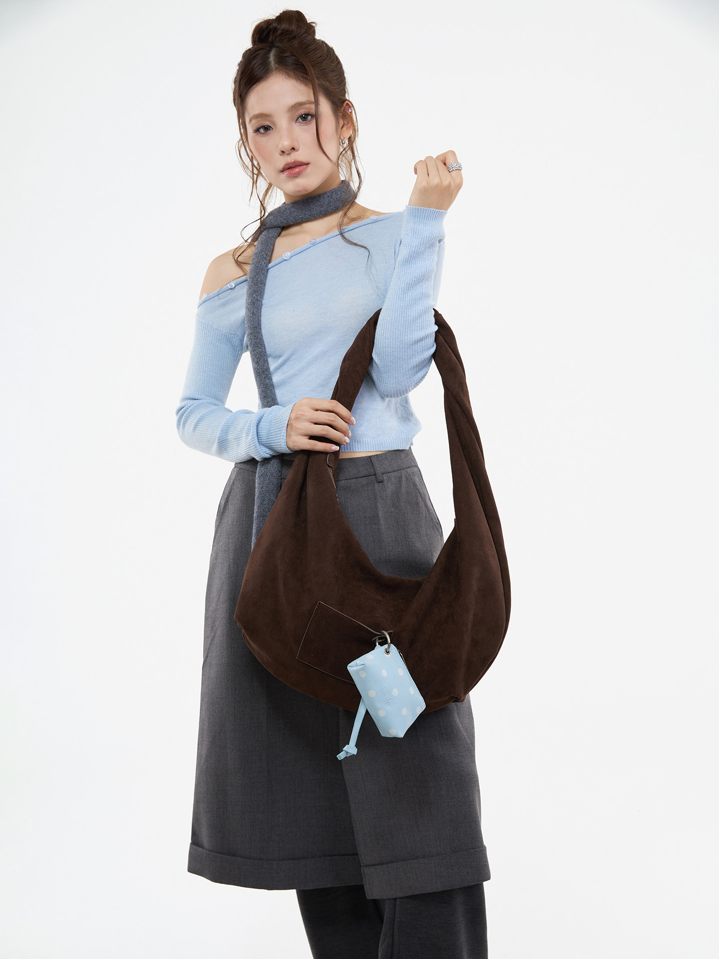 JANDRESS Suede Brown Twisted Pocket Underarm Bag