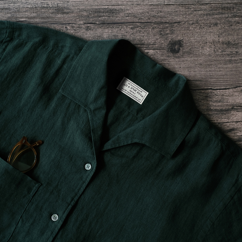 Summer New Dark Green Linen Cuban Collar Shirt Men's Short-Sleeved American Retro Solid Color Simple Lapel Shirt