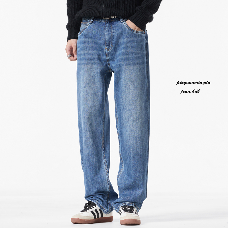 2026 New Straight-Leg Jeans for Men, Loose Fit, Washed Vintage Light Blue, Spring, Autumn, and Winter Long Pants, Casual Trendy
