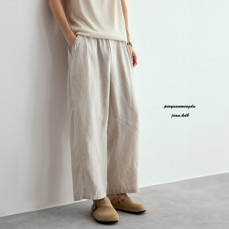 Old Money Style Tencel Linen Nine-Point Casual Pants for Men, Summer Lyocell Thin Breathable Wide-Leg Straight Pants