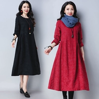 Real shot 2018 mùa thu mới văn học retro màu rắn lỏng mỏng giữa chiều dài váy dài tay cotton và linen dress các kiểu đầm nhung đẹp