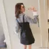 Đen V-cổ eo dây đeo váy nữ mùa thu 2017 mới chic cao eo là mỏng Một từ da nhỏ váy