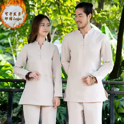 Autumn and winter Chinese cotton and linen clothes for men and women suit plus velvet high-end health club Chinese medicine museum long sleeve work clothes customization