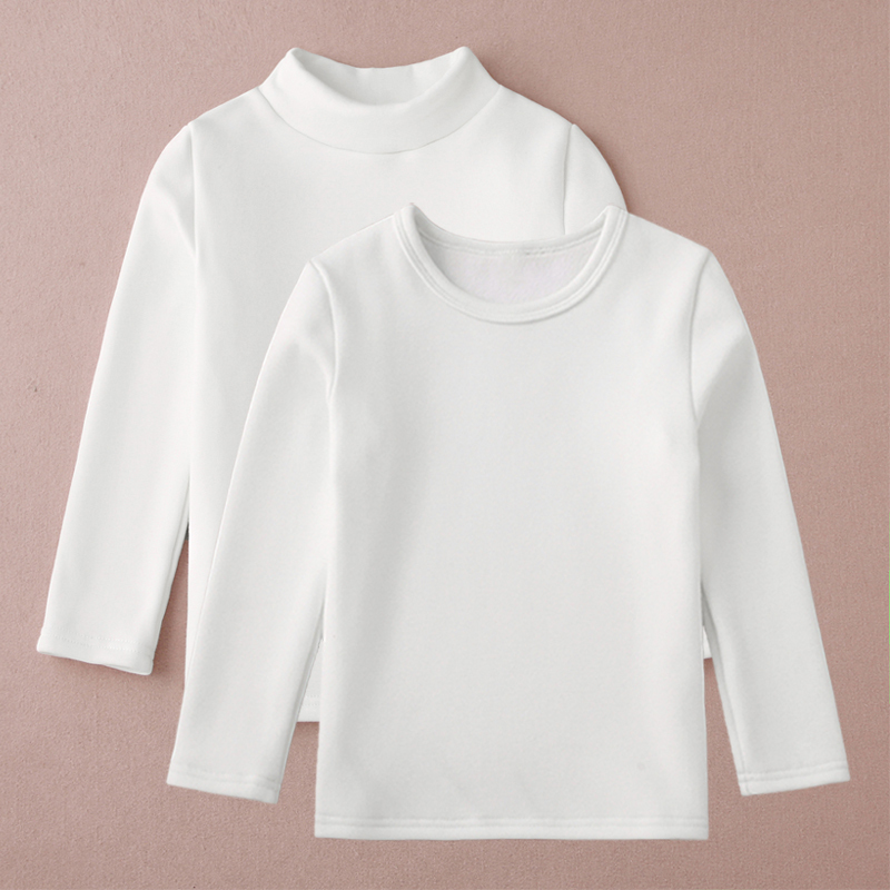 Fleece-Lined Children's White Base Layer Shirt, Pure Cotton, Spring and Autumn Long-Sleeve Round Neck T-Shirt for Boys and Girls, Half-High Collar, Thickened for Warmth