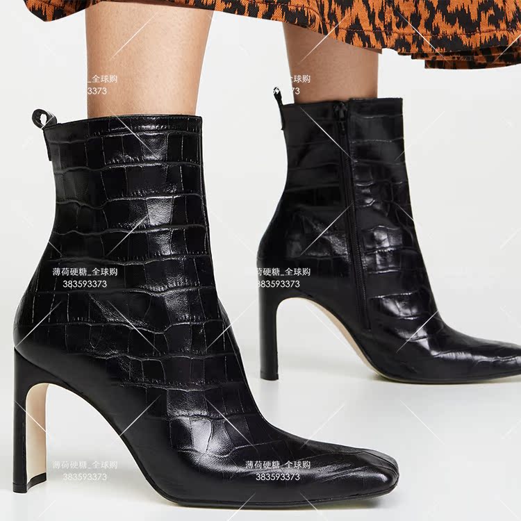 Trendy Miista Leather Crocodile Snake Print Square Toe Stiletto Heel Side Zipper Elegant Retro Women's Short Boots