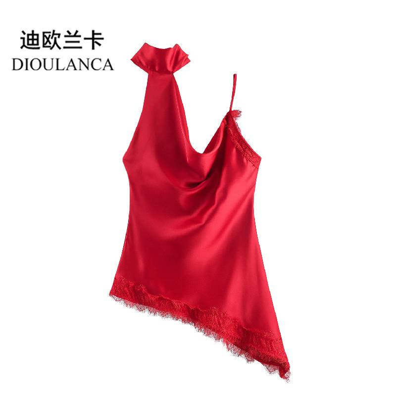 Dioulanca European and American Style Foreign Trade Women's Clothing New Red Lace Splicing Strap Sexy Top 2298051