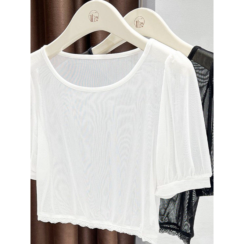 See-Through White Round-Neck Short-Sleeve T-Shirt for Women, Thin Camisole Dress with a Base Layer, Puff-Sleeve Ice Silk Mesh Top