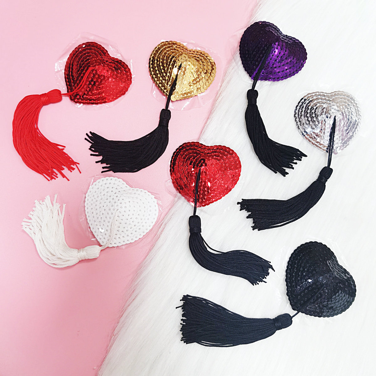 Chest stickers sexy heart-shaped sequins with fringed milk stickers, sticky, firm, easy to clean, seven colors, hot in Europe and America