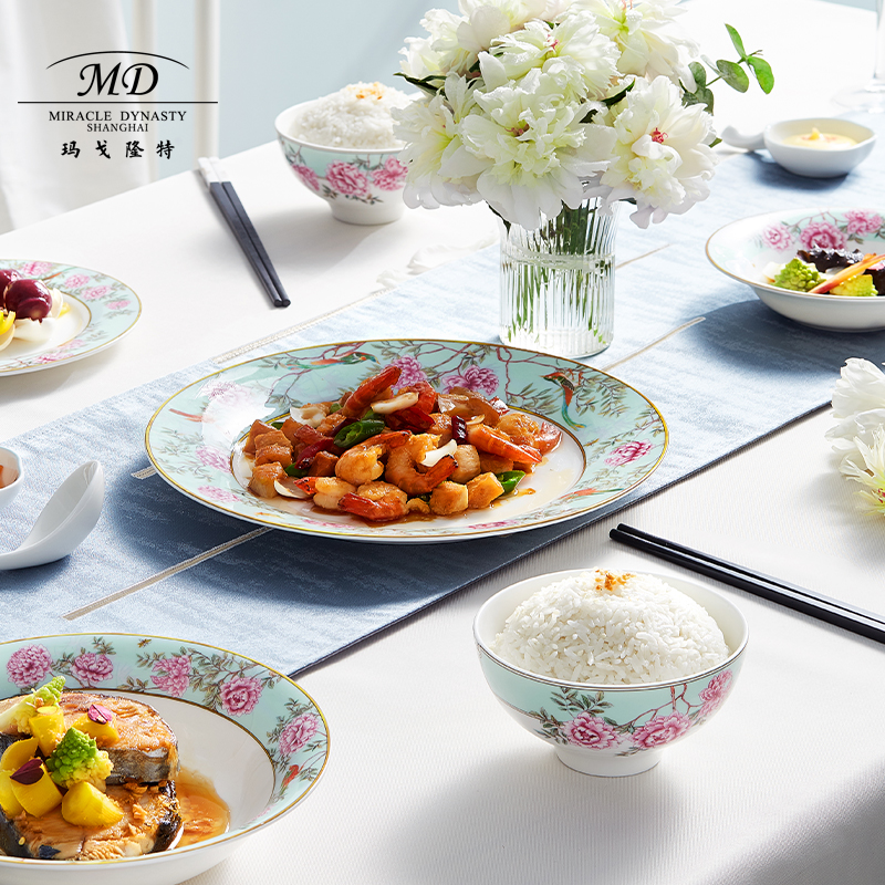 Margolonte Chinese Garden 32 Head 45% Bone Porcelain Tableware Suit 6 People with suit bowls disc Dish Spoon Gift Box-Taobao