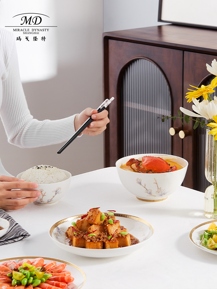 Margolonte bone china tableware Jinbo enamel color gold luxury Chinese household flat plate soup bowl noodle bowl rice bowl